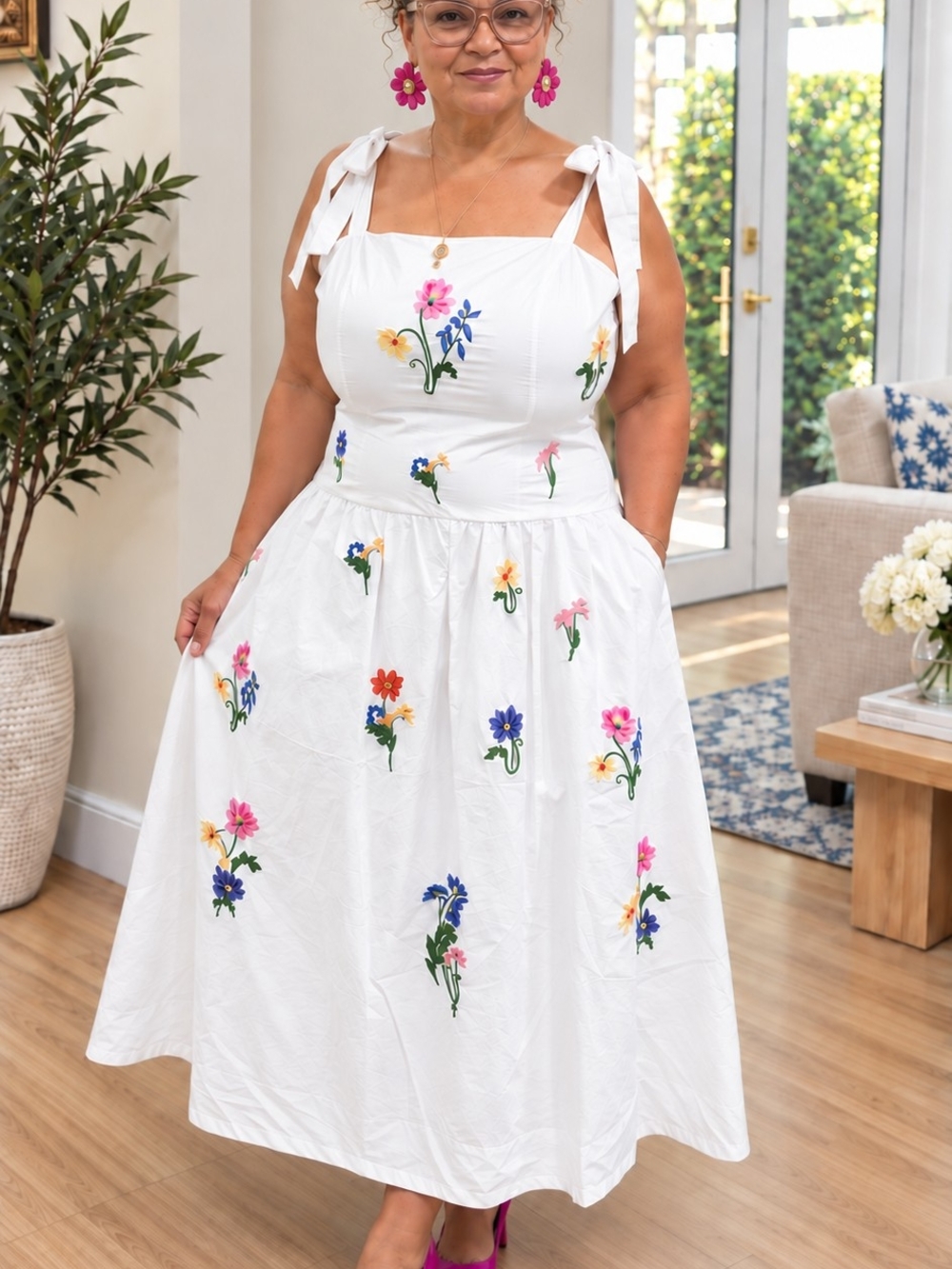 White Tie-Shoulder Midi Dress with Multicolor Floral Embroidery